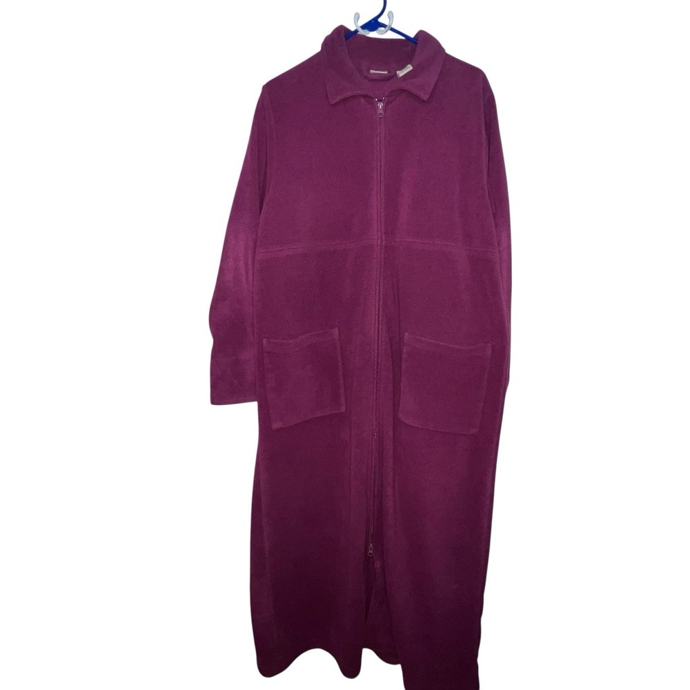 Vtg LL Bean Women's Fleece Robe Zip Front Berry Pockets Size Large Cottage Core
